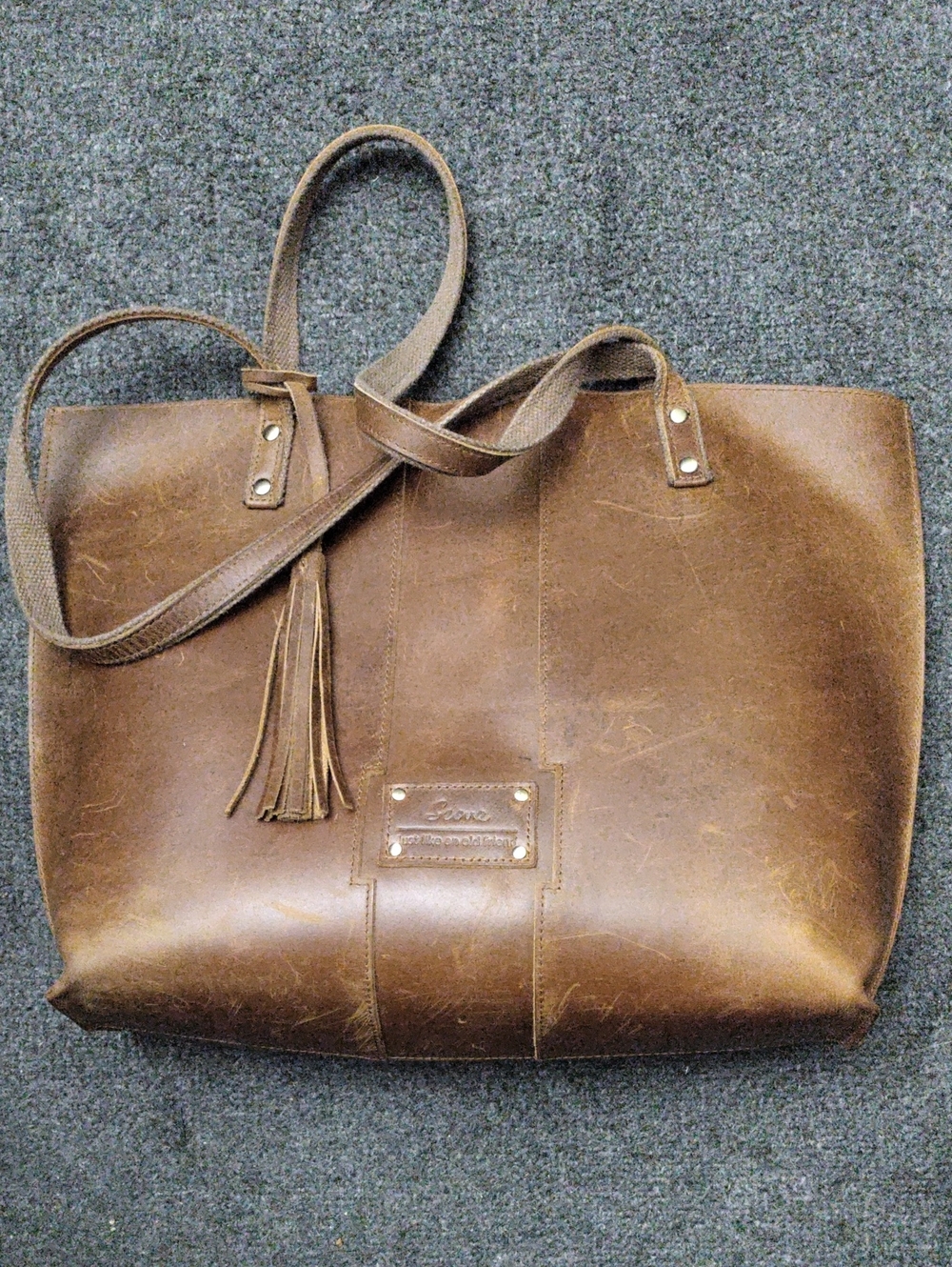 S-Zone Whiskey Brown Leather Tote with Tassel Accent